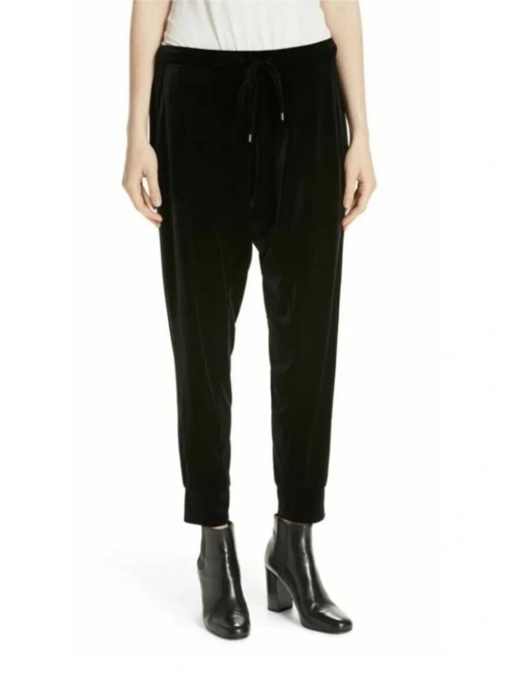 Eileen Fisher Velour Drawstring Tapered Cropped Jogger Pants Black Large #A2069